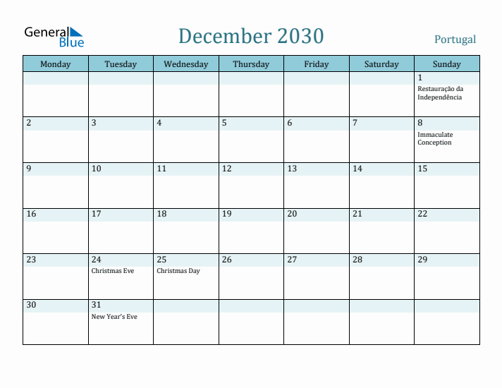 December 2030 Calendar with Holidays