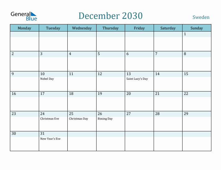 December 2030 Calendar with Holidays