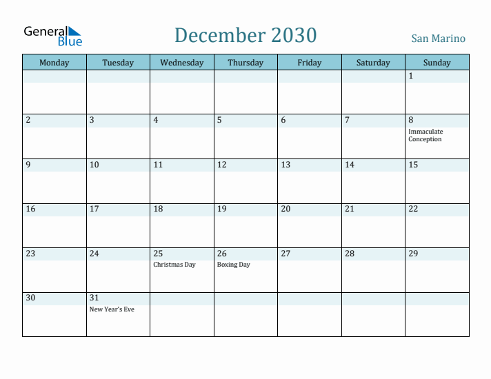 December 2030 Calendar with Holidays