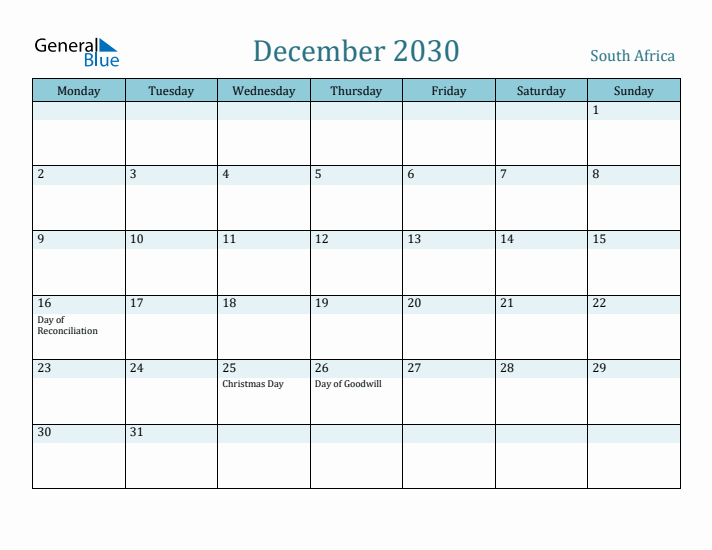 December 2030 Calendar with Holidays