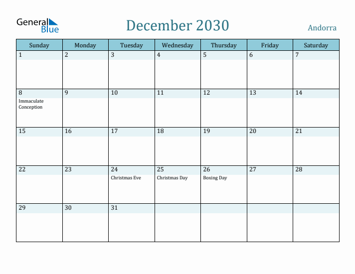 December 2030 Calendar with Holidays