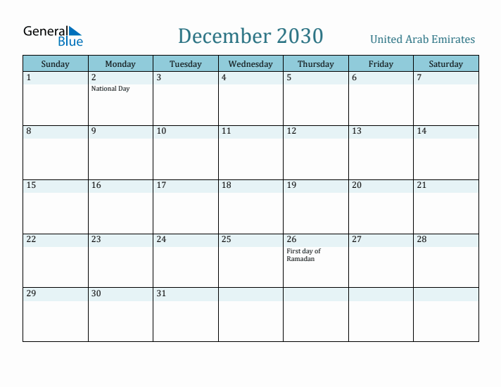 December 2030 Calendar with Holidays