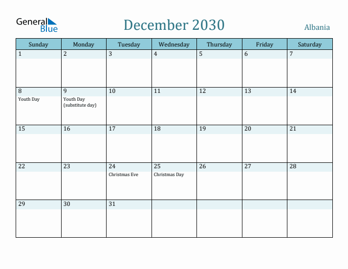 December 2030 Calendar with Holidays