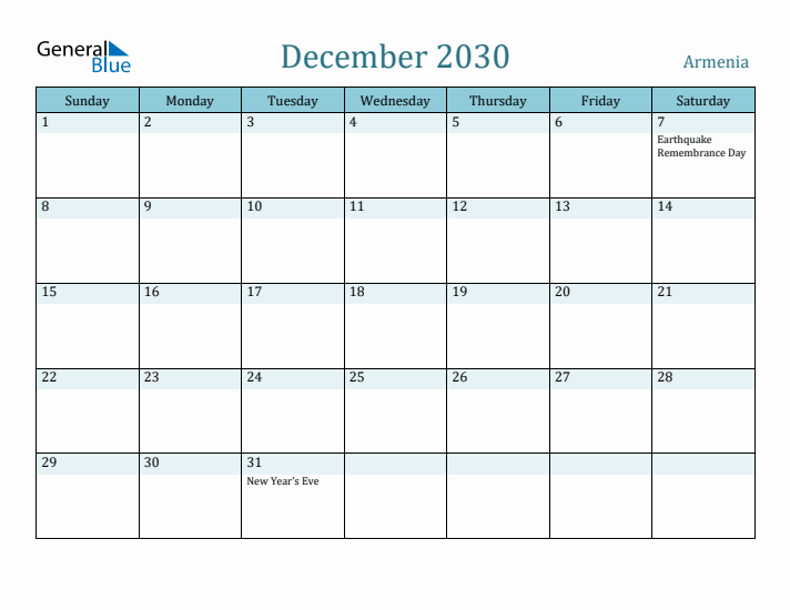 December 2030 Calendar with Holidays