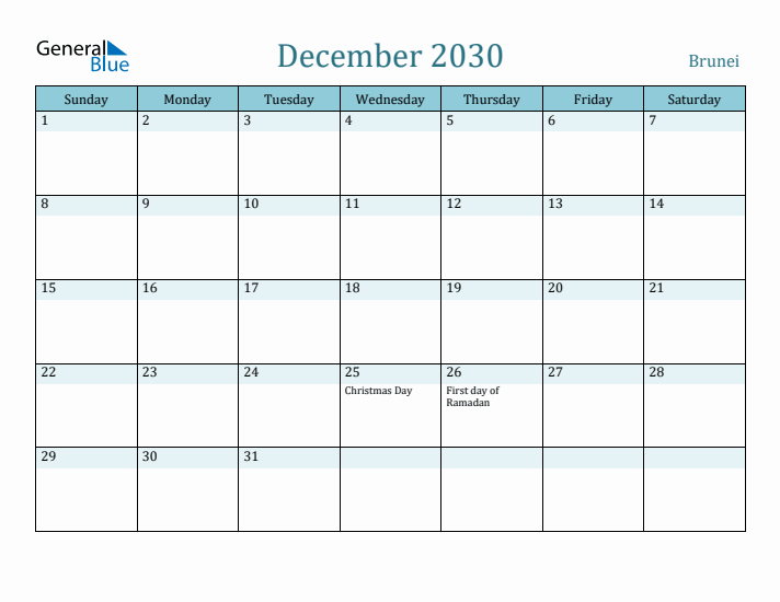 December 2030 Calendar with Holidays