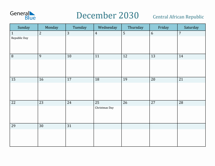 December 2030 Calendar with Holidays