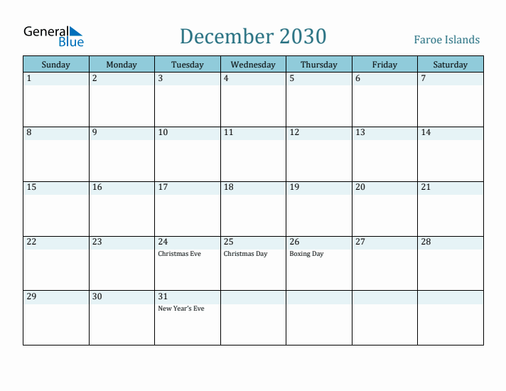 December 2030 Calendar with Holidays