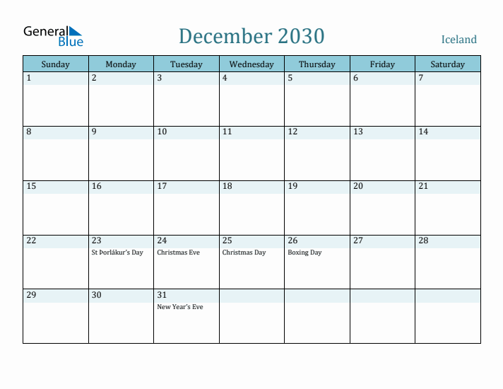 December 2030 Calendar with Holidays