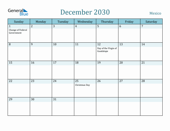 December 2030 Calendar with Holidays