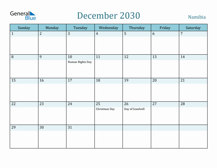 December 2030 Calendar with Holidays