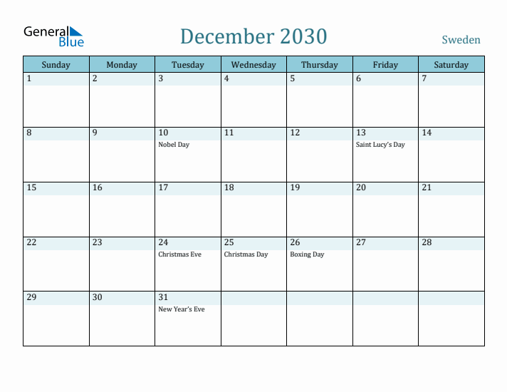 December 2030 Calendar with Holidays