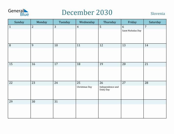 December 2030 Calendar with Holidays