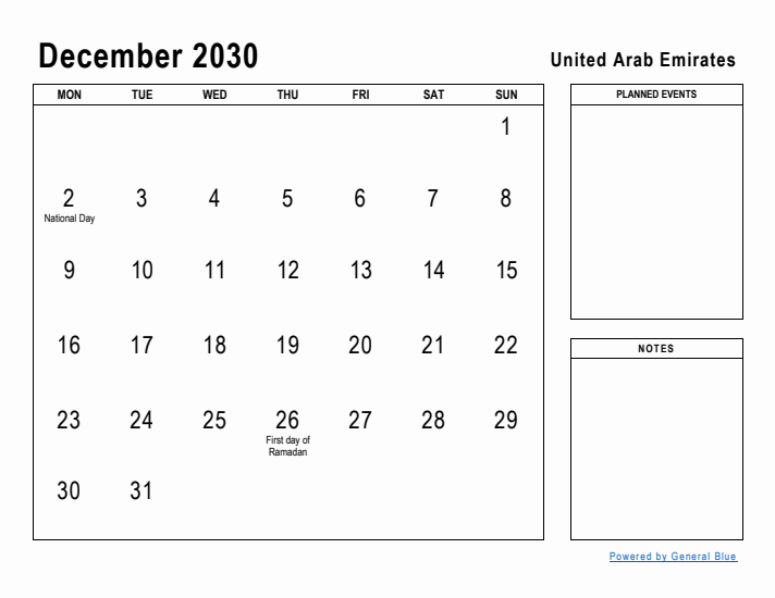 December 2030 Printable Monthly Calendar with United Arab Emirates Holidays