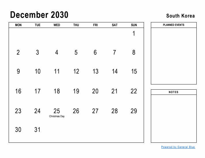 December 2030 Printable Monthly Calendar with South Korea Holidays