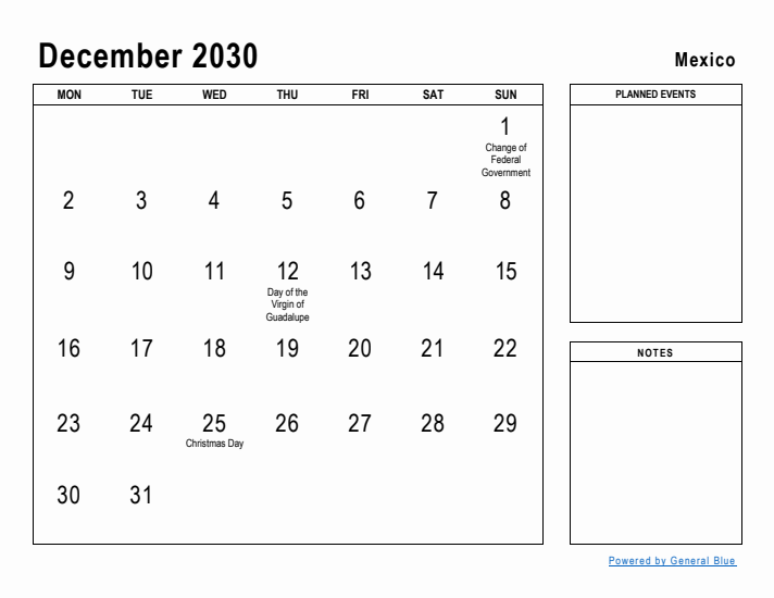 December 2030 Printable Monthly Calendar with Mexico Holidays