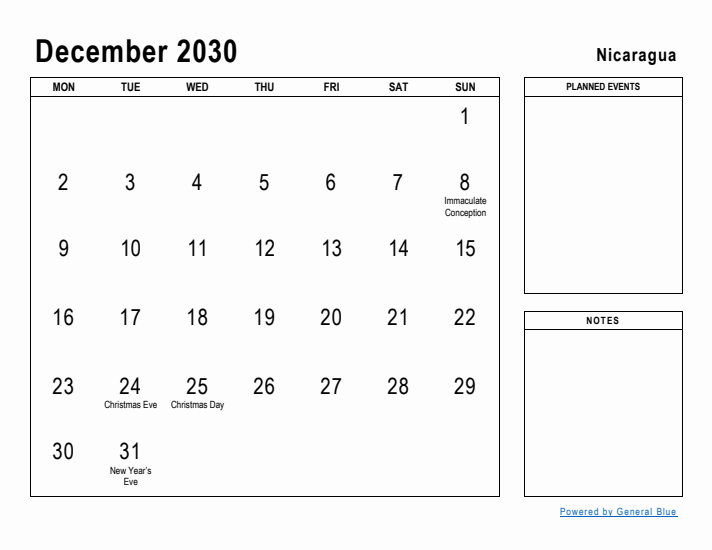 December 2030 Printable Monthly Calendar with Nicaragua Holidays