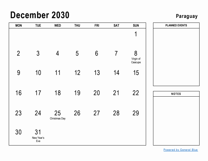 December 2030 Printable Monthly Calendar with Paraguay Holidays