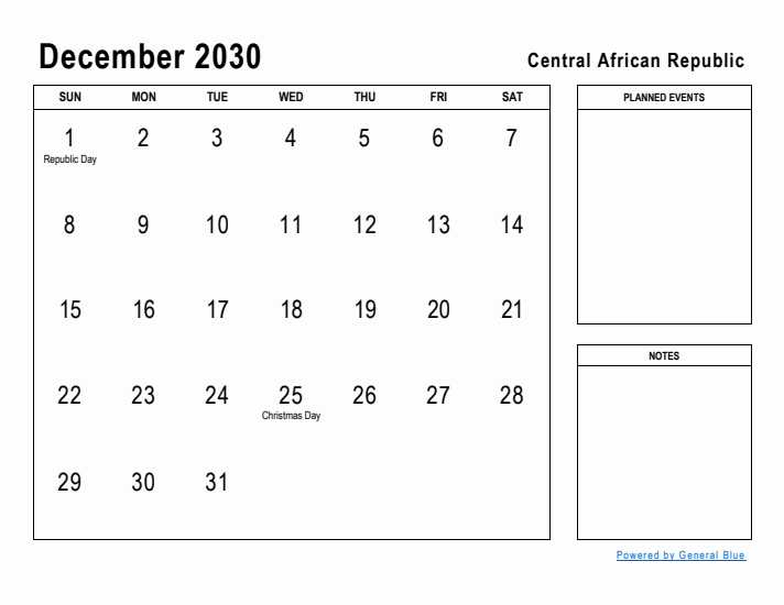 December 2030 Printable Monthly Calendar with Central African Republic Holidays