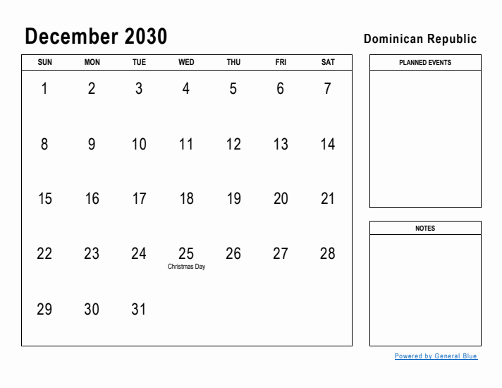 December 2030 Printable Monthly Calendar with Dominican Republic Holidays