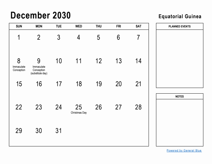 December 2030 Printable Monthly Calendar with Equatorial Guinea Holidays