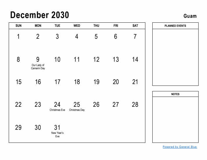 December 2030 Printable Monthly Calendar with Guam Holidays