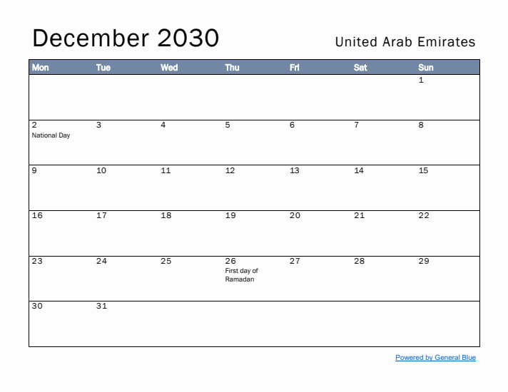 December 2030 Simple Monthly Calendar for United Arab Emirates