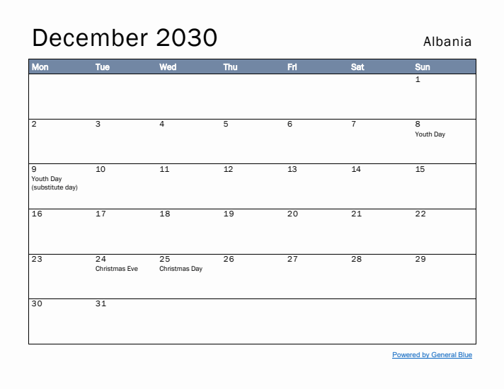 December 2030 Simple Monthly Calendar for Albania