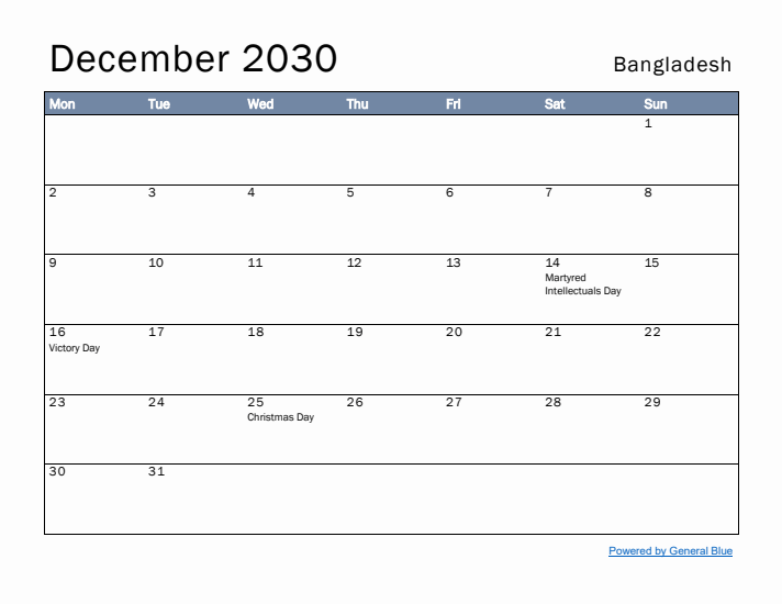 December 2030 Simple Monthly Calendar for Bangladesh