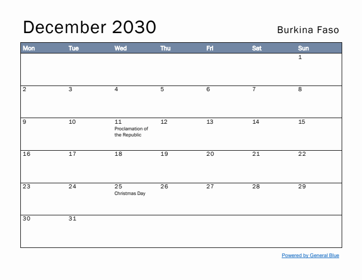 December 2030 Simple Monthly Calendar for Burkina Faso