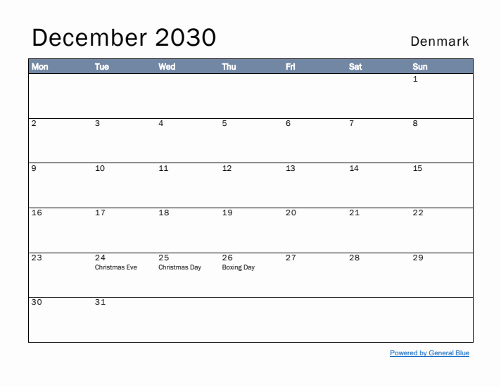 December 2030 Simple Monthly Calendar for Denmark