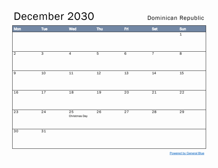 December 2030 Simple Monthly Calendar for Dominican Republic