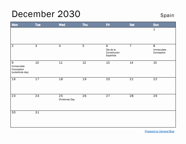 December 2030 Simple Monthly Calendar for Spain