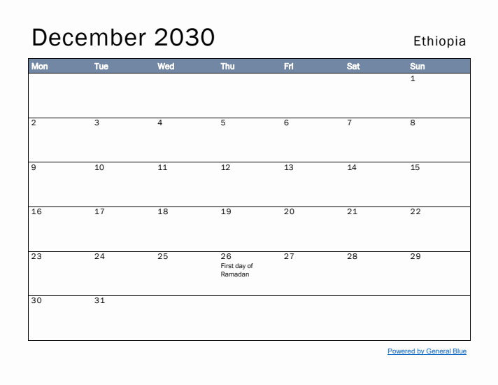 December 2030 Simple Monthly Calendar for Ethiopia