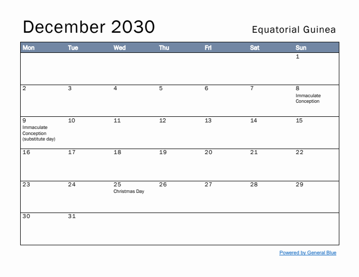 December 2030 Simple Monthly Calendar for Equatorial Guinea