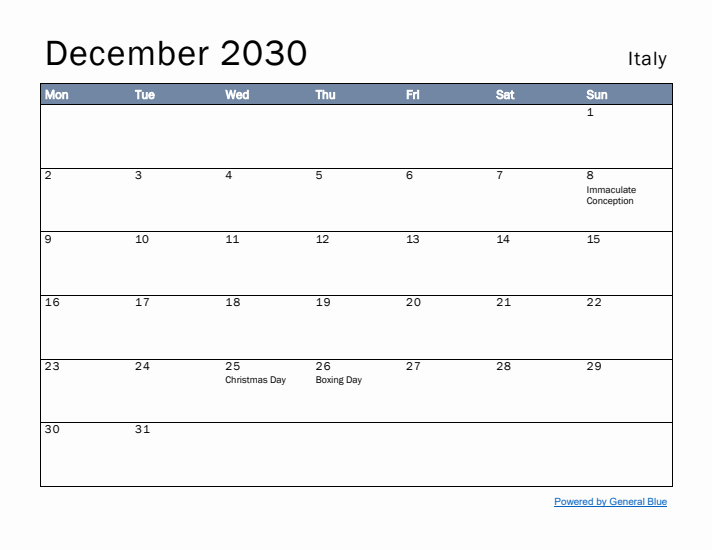 December 2030 Simple Monthly Calendar for Italy