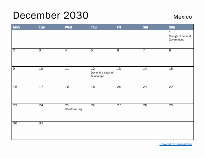 December 2030 Simple Monthly Calendar for Mexico