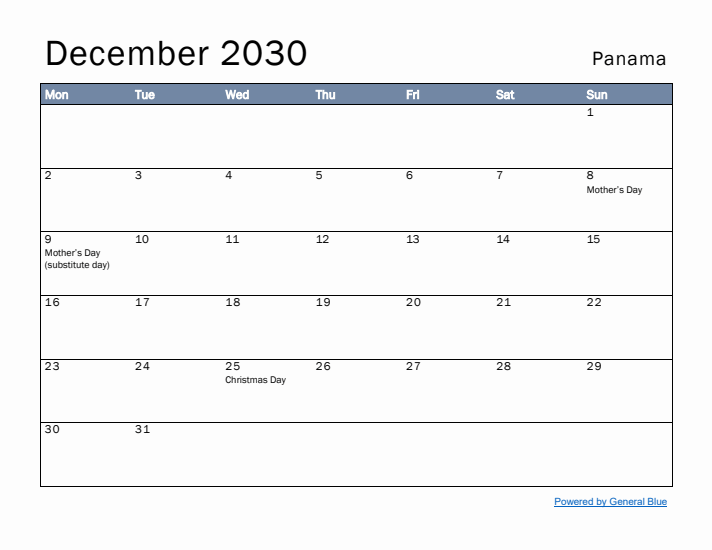 December 2030 Simple Monthly Calendar for Panama