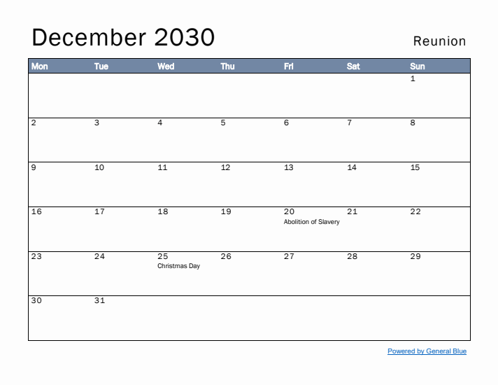 December 2030 Simple Monthly Calendar for Reunion