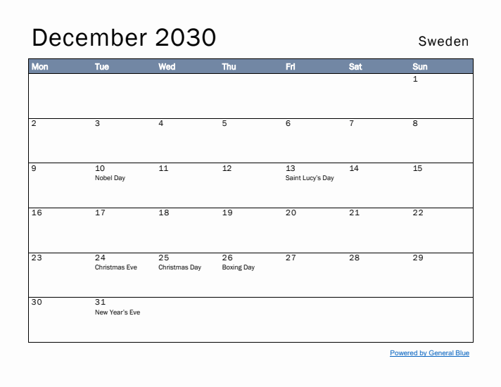 December 2030 Simple Monthly Calendar for Sweden