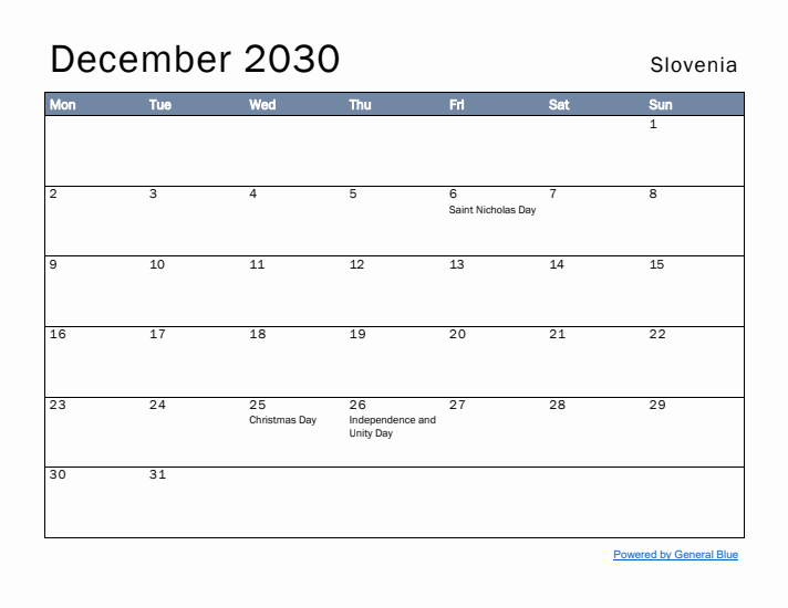 December 2030 Simple Monthly Calendar for Slovenia