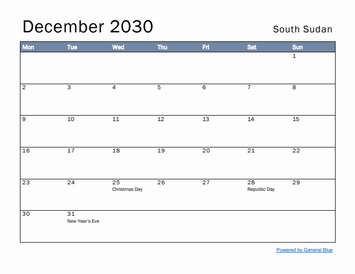 December 2030 Simple Monthly Calendar for South Sudan