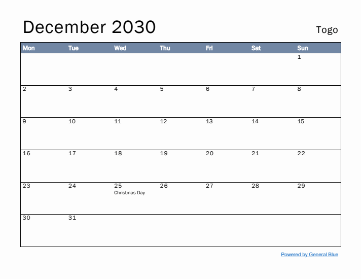 December 2030 Simple Monthly Calendar for Togo