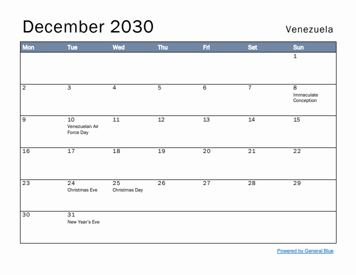 December 2030 Simple Monthly Calendar for Venezuela