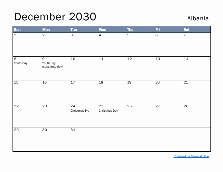 December 2030 Simple Monthly Calendar for Albania