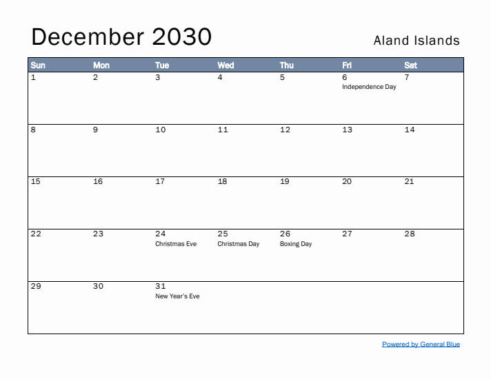 December 2030 Simple Monthly Calendar for Aland Islands