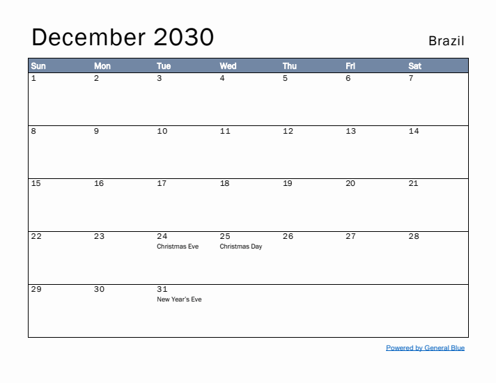 December 2030 Simple Monthly Calendar for Brazil