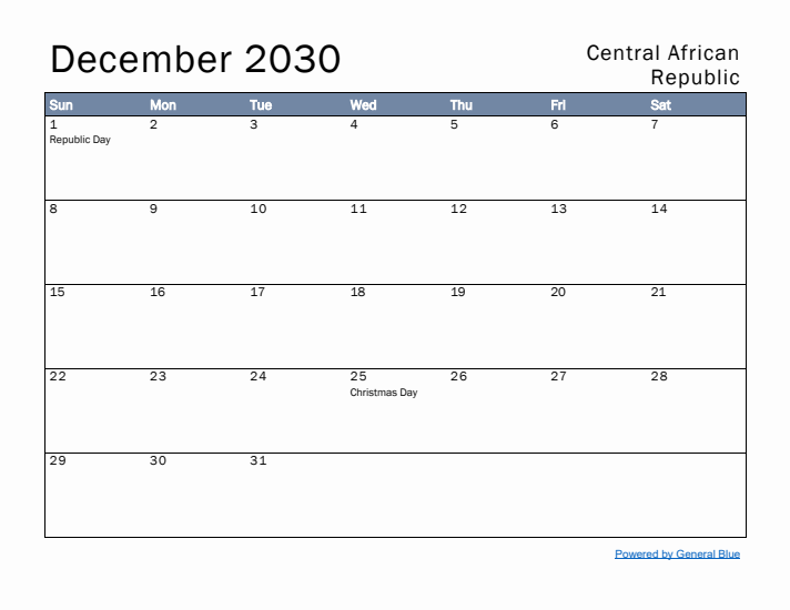 December 2030 Simple Monthly Calendar for Central African Republic