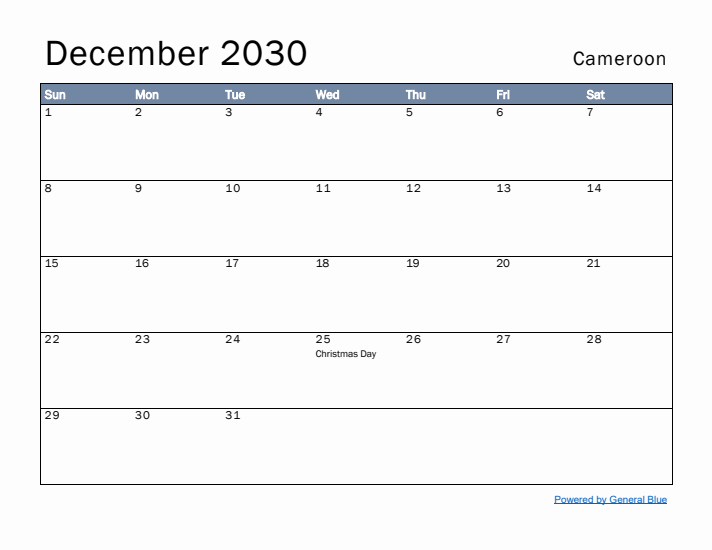 December 2030 Simple Monthly Calendar for Cameroon