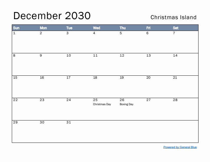 December 2030 Simple Monthly Calendar for Christmas Island