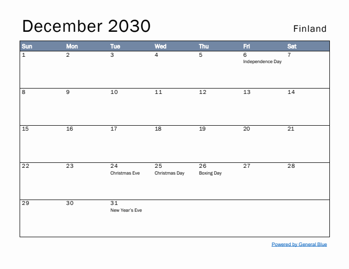 December 2030 Simple Monthly Calendar for Finland